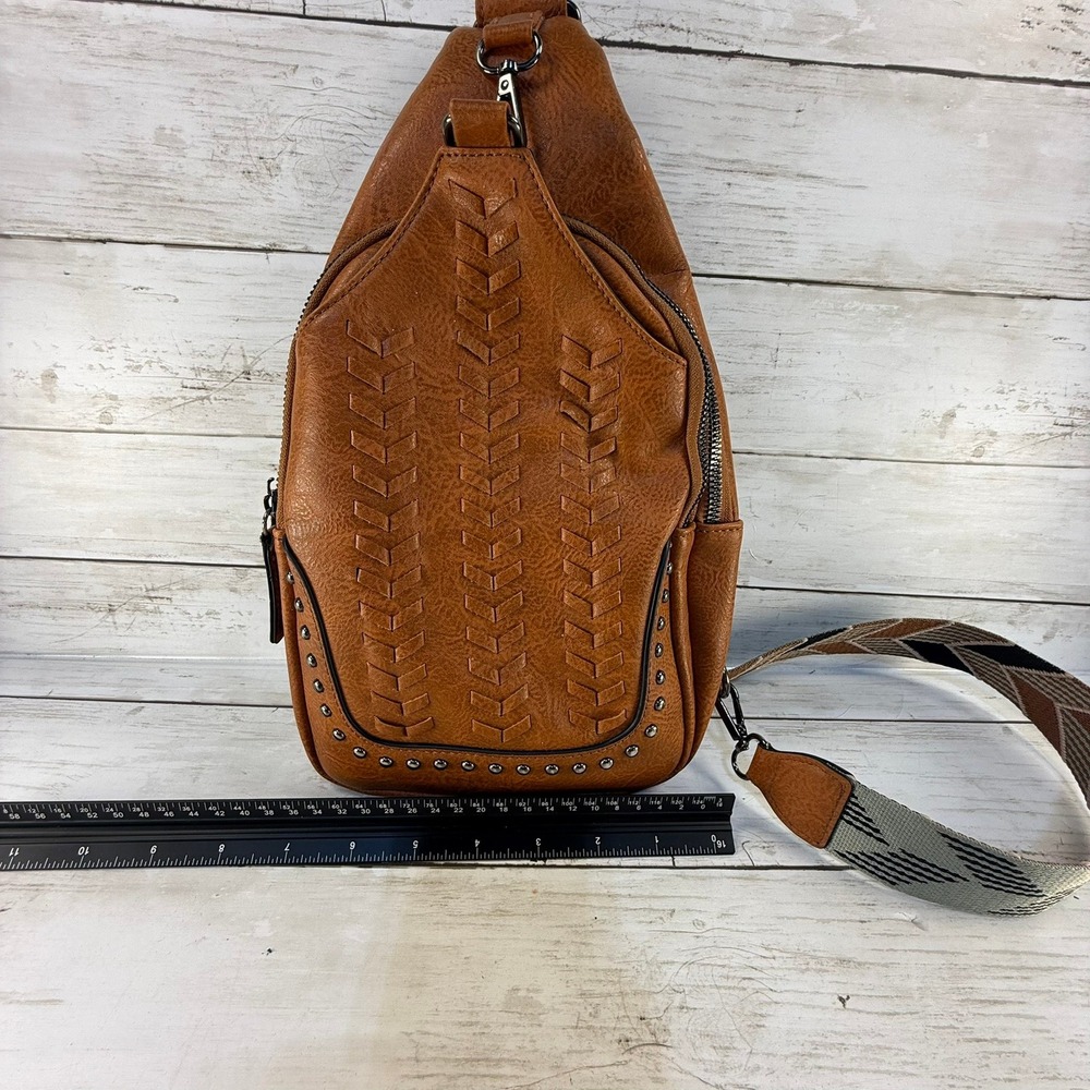 Sam & Hadley Brown Vegan Leather Sling Bag Studded Woven Crossbody Guitar Strap